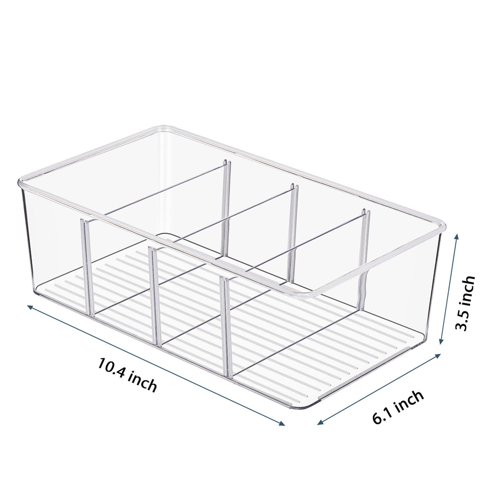 8 Pack Food Storage Organizer Bins, Clear Plastic Bins for Pantry, Kitchen, Fridge, Cabinet Organization and Storage, 4 Compartment Holder