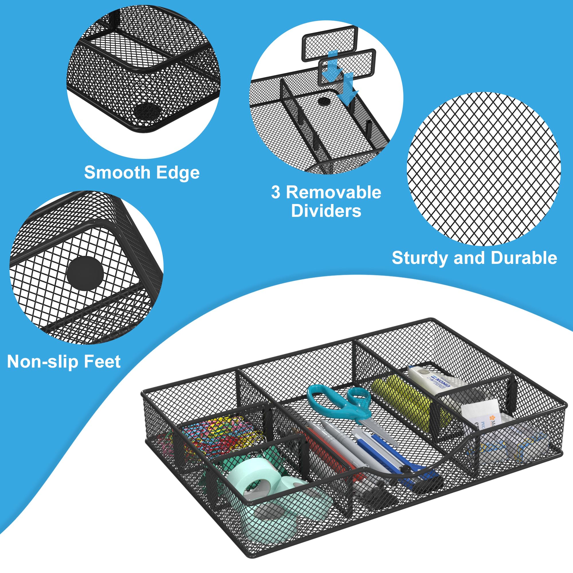 Desk Drawer Organizer, Metal Mesh Drawer Organizer Tray with 6 Adjustable Compartment, Tray Organizer for Desktop, Kitchen, Bathroom, Makeup, Vanity