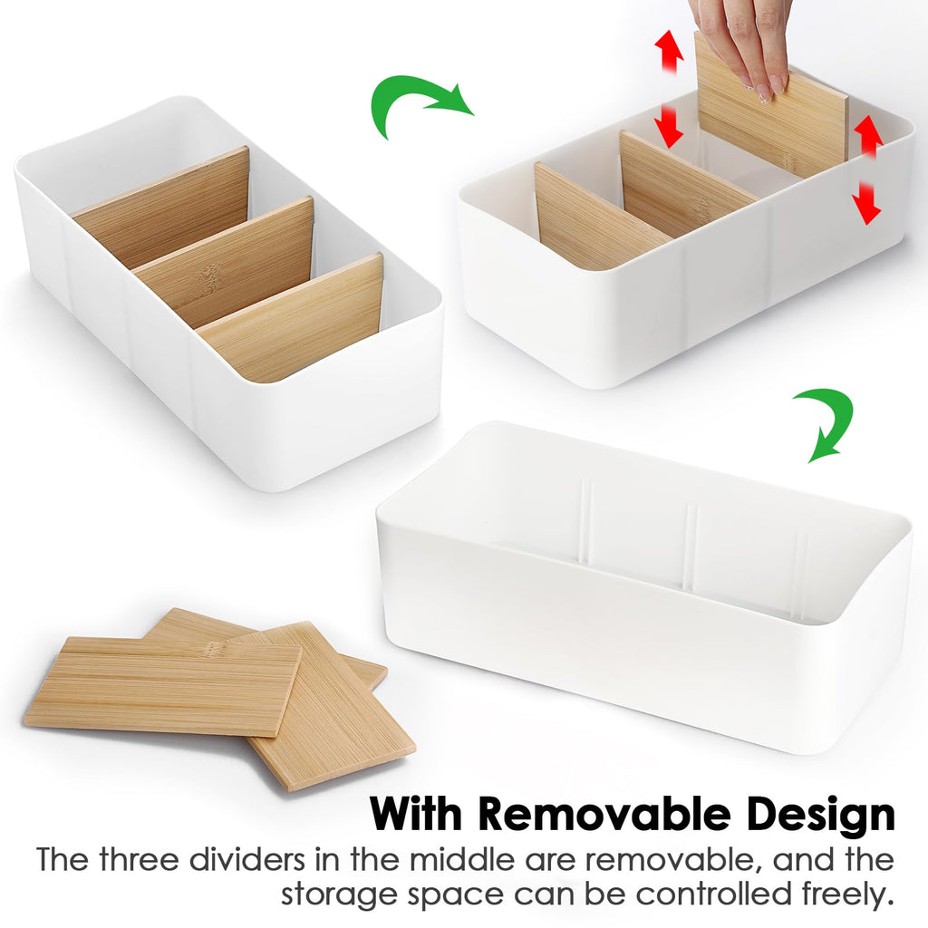 Seasoning Packet Organizer, Food Storage Organizer with Divided 4 Bamboo Wood Compartments, Plastic Storage Caddy for Kitchen Pantry Cabinet, Kitchen Organization Bin for Snacks Spice Packets