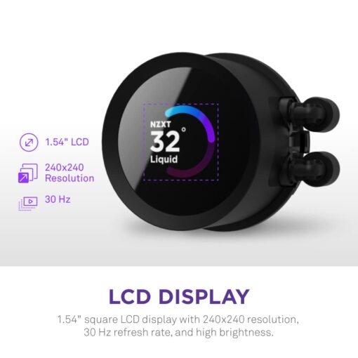 NZXT Kraken 240 - 240mm AIO CPU Liquid Cooler - Customizable 1.54" Square LCD Display for Images, Performance Metrics and More - High-Performance Pump - 2 x F120P Fans - Black - Image 8