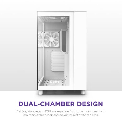 NZXT H9 Flow Dual-Chamber ATX Mid-Tower PC Gaming Case – High-Airflow Perforated Top Panel – Tempered Glass Front & Side Panels – 360mm Radiator Support – Cable Management – White - Image 5