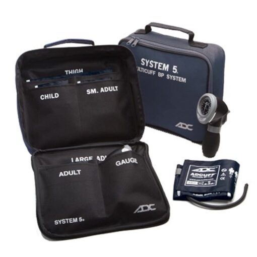ADC Multikuf 740 5-Cuff EMT Kit with 804 Portable Palm Aneroid Sphygmomanometer, Child, Small Adult, Adult, Large Adult and Thigh Blood Pressure Cuffs (13-66 cm), Black Nylon Zipper Storage Case, Navy