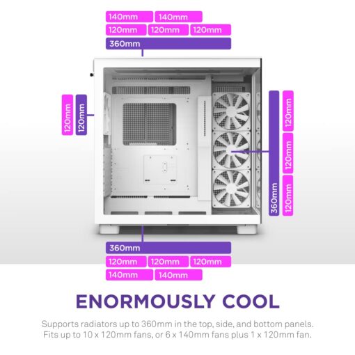 NZXT H9 Flow Dual-Chamber ATX Mid-Tower PC Gaming Case – High-Airflow Perforated Top Panel – Tempered Glass Front & Side Panels – 360mm Radiator Support – Cable Management – White - Image 4