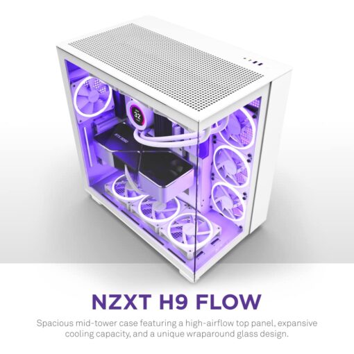 NZXT H9 Flow Dual-Chamber ATX Mid-Tower PC Gaming Case – High-Airflow Perforated Top Panel – Tempered Glass Front & Side Panels – 360mm Radiator Support – Cable Management – White - Image 7