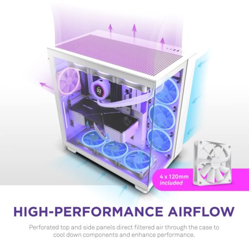 NZXT H9 Flow Dual-Chamber ATX Mid-Tower PC Gaming Case – High-Airflow Perforated Top Panel – Tempered Glass Front & Side Panels – 360mm Radiator Support – Cable Management – White - Image 6