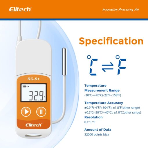 Elitech RC-5+ TE Digital PDF USB Temperature Data Logger Reusable Recorder Refrigerator Thermometer 32000 Points High Accuracy (Extra External Sensor)-10Pack - Image 6