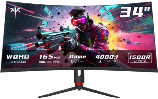 KTC 34 Inch Ultrawide Monitor, 165Hz WQHD 3440X1440 Curved Gaming Monitor, 1500R PC Monitor, HDR, FreeSync & G-Sync, HDMI, DisplayPort, VESA, Tilt Swivel Height Pivot Adjustment, H34S18S