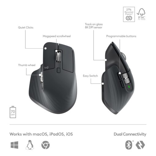 Logitech MX Keys S Combo - Performance Wireless Keyboard and Mouse with Palm Rest, Customizable Illumination, Fast Scrolling, Bluetooth, USB C, for Windows, Linux, Chrome, Mac - Image 6