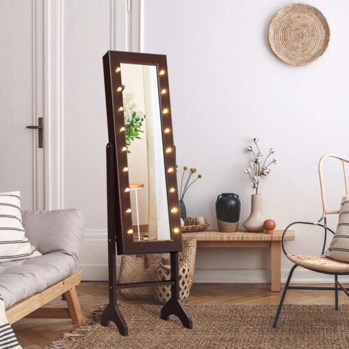 Giantex Standing Jewelry Armoire with 18 LED Lights Around the Door, Large Storage Mirrored Jewelry Cabinet with Full Length Mirror, 16 Lipstick Holders, 1 Inside Makeup Mirror (Brown) - Image 8