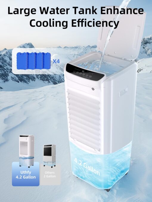 Uthfy 1800 CFM Evaporative Air Cooler, 32 Inch Swamp Cooler Air Conditioner with 4.2 Gal Water Tank, 120°Oscillation, 12H Timer, 3 Speed, 4 Modes, Remote, Portable Cooling Fan for Bedroom, Living Room - Image 6