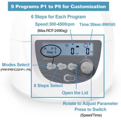 ONiLAB Professional PRP Centrifuge Machine 15mLx8, 10mL/7mL/1.5-5mlx 12, Lab Benchtop Centrifuge, 3 Preloaded Programs for Fast Operation,Store 9 Programs, 30sec-99min,300-4500rpm(Max. 2490xg) - Image 6