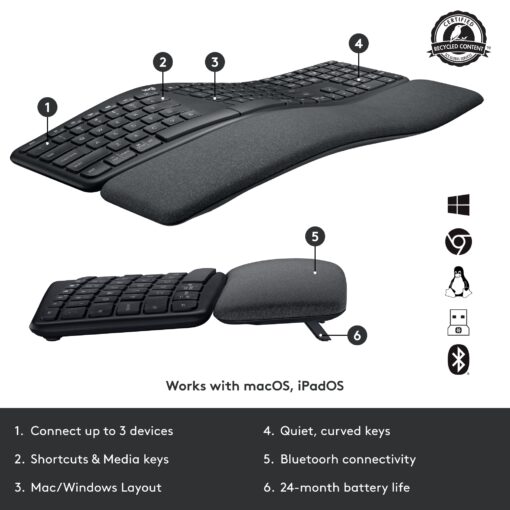 Logitech ERGO K860 Split Wireless Keyboard with wrist support and Lift Left Vertical Ergonomic Mouse, Left-handed, Bluetooth, USB receiver, Quiet, Windows/macOS/iPadOS, Laptop, PC - Graphite - Image 3