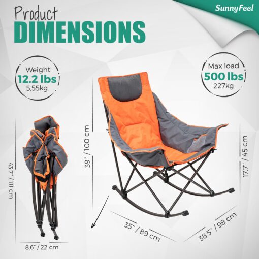 SUNNYFEEL Rocking Camping Chair, Luxury Padded Recliner, Oversized Folding Lawn Chair with Pocket, Heavy Duty for Outdoor/Picnic/Lounge/Patio, Portable Camp Rocker Chairs with Carry Bag - Image 4