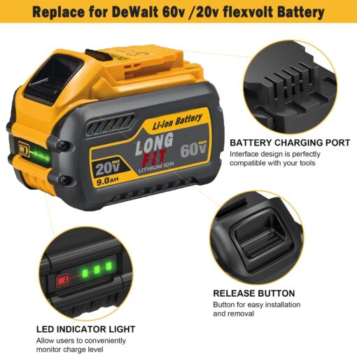 LONG FIT 2 Pack Replace for DeWalt DCB606 DCB609 20V/60V MAX 9.0Ah Battery Compatible with DeWalt 20V/60V Power Tools Compatible with DeWalt 20-60v Battery - Image 6