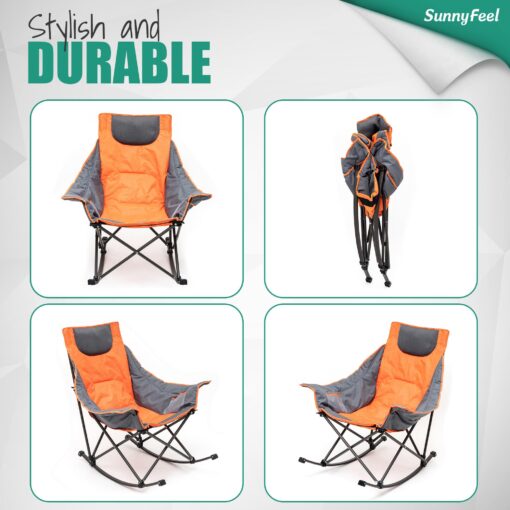 SUNNYFEEL Rocking Camping Chair, Luxury Padded Recliner, Oversized Folding Lawn Chair with Pocket, Heavy Duty for Outdoor/Picnic/Lounge/Patio, Portable Camp Rocker Chairs with Carry Bag - Image 2