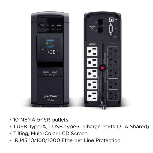 CyberPower CP1000PFCLCD PFC Sinewave UPS System, 1000VA/600W, 10 Outlets, AVR, Mini-Tower, Black - Image 4