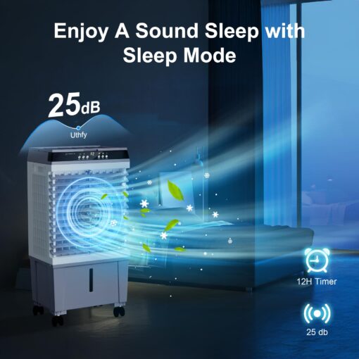 Uthfy Swamp Cooler Air Conditioner, Evaporative Air Cooler with 5.3 Gallon Water Tank, 4 Ice Box, Remote, 12H Timer, 120°Oscillation, Portable Cooling Fan with 3 Speeds for Bedroom Home Office - Image 3
