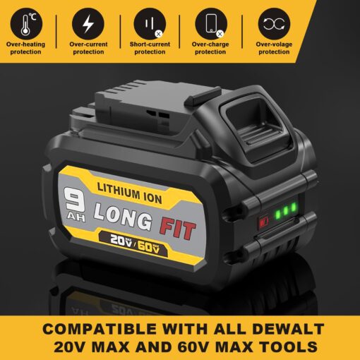 LONG FIT 2 Pack Replace for DeWalt DCB606 DCB609 20V/60V MAX 9.0Ah Battery Compatible with DeWalt 20V/60V Power Tools Compatible with DeWalt 20-60v Battery - Image 3