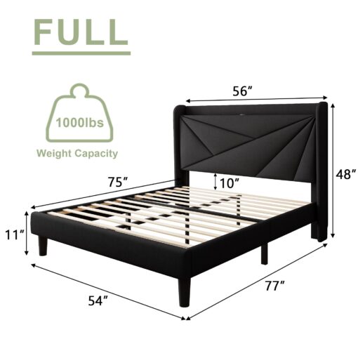 Feonase Full Size Bed Frame with Charging Station, Upholstered Platform Bed Frame with Wingback Storage Headboard, Solid Wood Slats Support, No Box Spring Needed, Black - Image 7