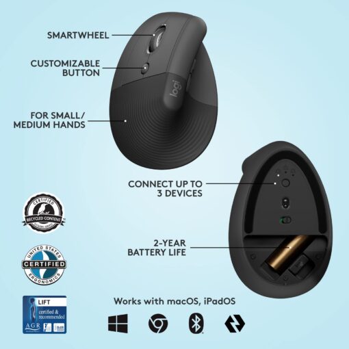 Logitech ERGO K860 Split Wireless Keyboard with wrist support and Lift Left Vertical Ergonomic Mouse, Left-handed, Bluetooth, USB receiver, Quiet, Windows/macOS/iPadOS, Laptop, PC - Graphite - Image 2