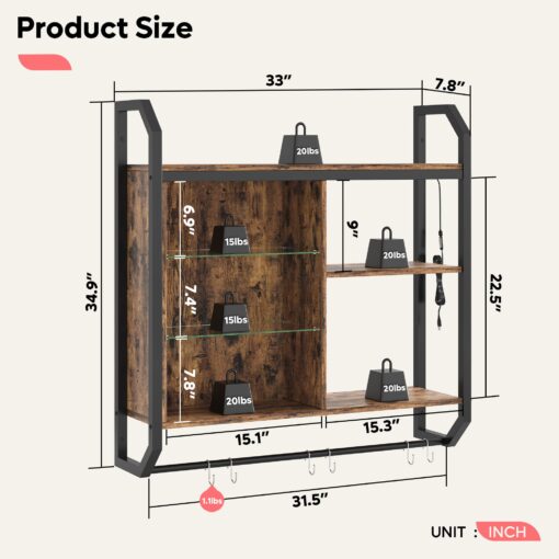 Bestier LED Kitchen Floating Shelves, 34" Industrial Pipe Shelves with Adjustable Glass Shelves, Wall Mounted Shelf with 6 S-Hook Towel Bar, Wine Coffee Bar Rack for Room Decor Rustic Brown - Image 2