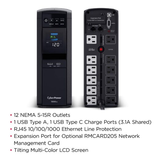 CyberPower CP1500PFCLCD PFC Sinewave UPS System, 1500VA/1000W, 12 Outlets, AVR, Mini Tower,Black - Image 6