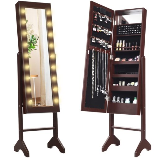 Giantex Standing Jewelry Armoire with 18 LED Lights Around the Door, Large Storage Mirrored Jewelry Cabinet with Full Length Mirror, 16 Lipstick Holders, 1 Inside Makeup Mirror (Brown)