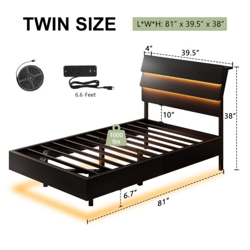 Feonase Twin Floating Bed Frame with Led Lights and Charging Station, Wood Twin Size Bed Frame with Storage Headboard, Heavy Duty Metal Slats, No Box Spring Needed, Easy Assembly, Black - Image 8