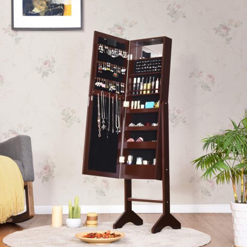Giantex Standing Jewelry Armoire with 18 LED Lights Around the Door, Large Storage Mirrored Jewelry Cabinet with Full Length Mirror, 16 Lipstick Holders, 1 Inside Makeup Mirror (Brown) - Image 7