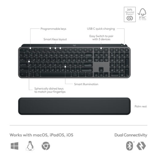 Logitech MX Keys S Combo - Performance Wireless Keyboard and Mouse with Palm Rest, Customizable Illumination, Fast Scrolling, Bluetooth, USB C, for Windows, Linux, Chrome, Mac - Image 7