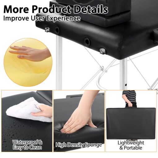 Masajeo Lash Bed for Lash Extensions Portable Lash Bed Massage Table with Eyelash Pillow Esthetician Bed Salon Table Spa Table Spa Bed Height Adjustable Waterproof Aluminum Frame (Black) - Image 3