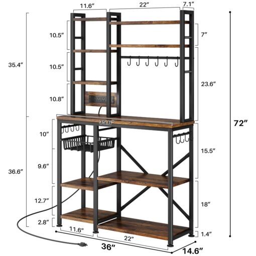 Baker Rack with Power Outlet - Microwave Stand with Storage, Large Coffee Bar Station with 14 Hooks, Metal Kitchen Shelf Rack for Spices, Pots (Rustic Brown) - Image 7