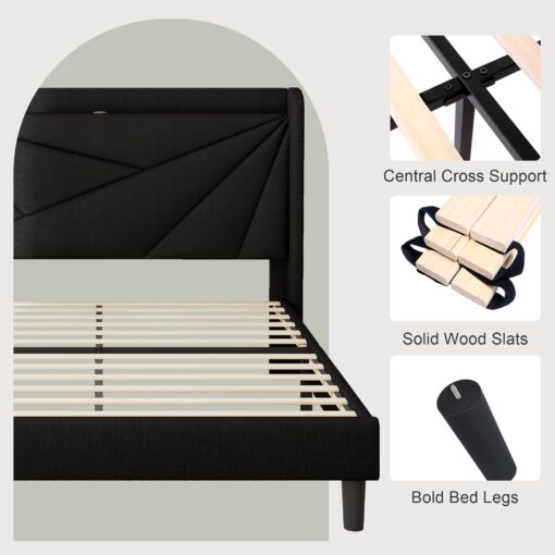 Feonase Full Size Bed Frame with Charging Station, Upholstered Platform Bed Frame with Wingback Storage Headboard, Solid Wood Slats Support, No Box Spring Needed, Black - Image 3