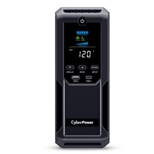 CyberPower CP1350AVRLCD3 Intelligent LCD UPS System, 1350VA/815W, 12 Outlets, 2 USB Ports, AVR, Mini Tower, Black
