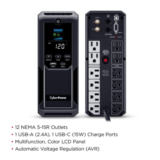 CyberPower CP1350AVRLCD3 Intelligent LCD UPS System, 1350VA/815W, 12 Outlets, 2 USB Ports, AVR, Mini Tower, Black - Image 4