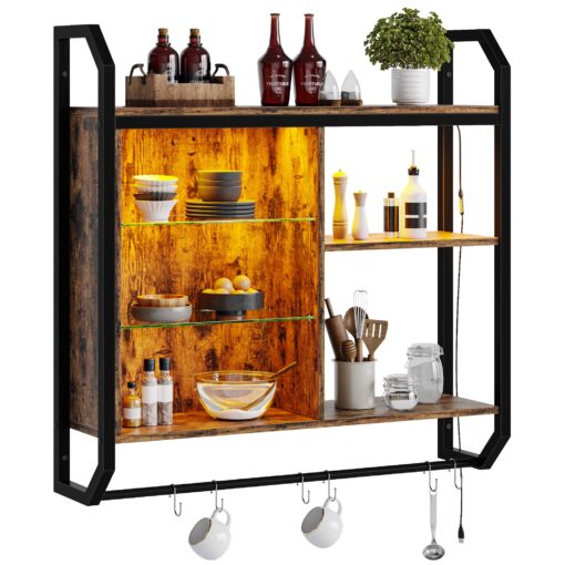 Bestier LED Kitchen Floating Shelves, 34" Industrial Pipe Shelves with Adjustable Glass Shelves, Wall Mounted Shelf with 6 S-Hook Towel Bar, Wine Coffee Bar Rack for Room Decor Rustic Brown - Image 3
