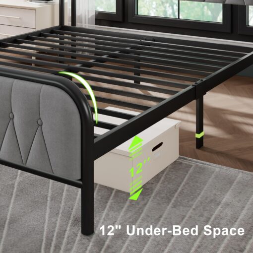 Feonase Velvet Full Size Bed Frame with Fast Charging Station,Full Metal Platform Beds with Upholstered Headboard & Footboard,12" Under Bed Storage Space,Easy Assembly,Noise-Free,Matte Gray - Image 3