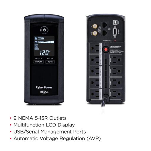 CyberPower CP850AVRLCD Intelligent LCD UPS System, 850VA/510W, 9 Outlets, AVR, Mini-Tower - Image 4