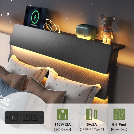 Feonase Twin Floating Bed Frame with Led Lights and Charging Station, Wood Twin Size Bed Frame with Storage Headboard, Heavy Duty Metal Slats, No Box Spring Needed, Easy Assembly, Black - Image 6