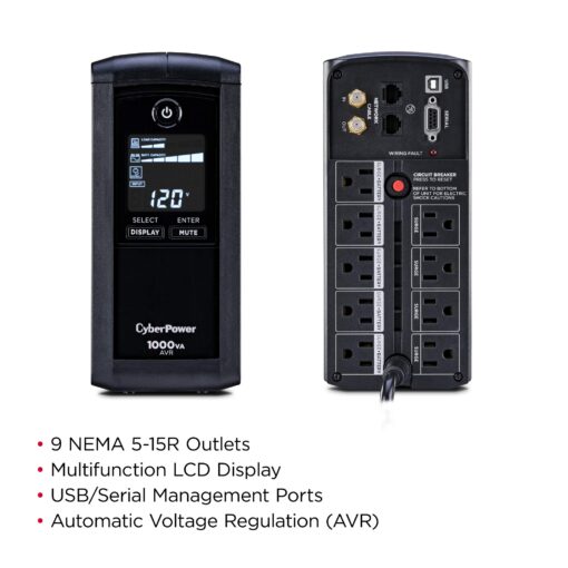 CyberPower CP1000AVRLCD Intelligent LCD UPS System, 1000VA/600W, 9 Outlets, AVR, Mini-Tower, Black - Image 4