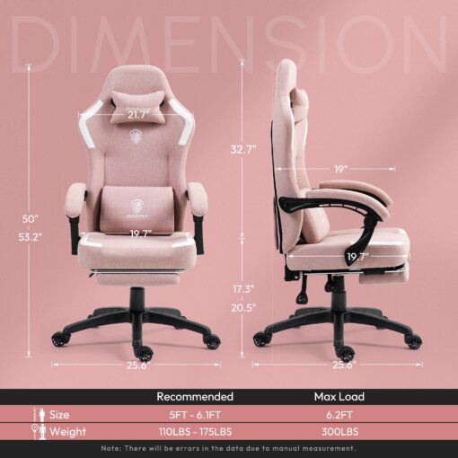 Dowinx Fabric Gaming Chair with Pocket Spring Cushion,Breathable Computer Chair with Massage Lumbar Support and Footrest,High Back Game Office Chair for Adult,Pink - Image 4