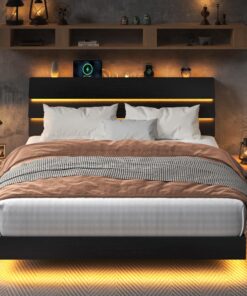 Feonase King Size Floating Bed Frame with Led Lights and Charging Station, Wood King Bed Frame with Storage Headboard, Heavy Duty Metal Slats, No Box Spring Needed, Easy Assembly, Black