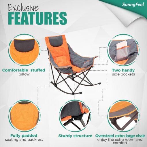 SUNNYFEEL Rocking Camping Chair, Luxury Padded Recliner, Oversized Folding Lawn Chair with Pocket, Heavy Duty for Outdoor/Picnic/Lounge/Patio, Portable Camp Rocker Chairs with Carry Bag - Image 3