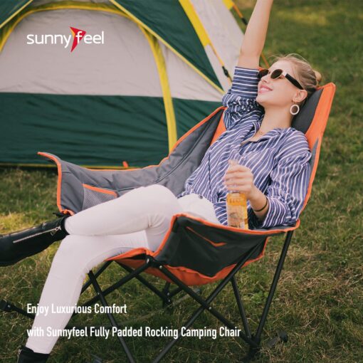 SUNNYFEEL Rocking Camping Chair, Luxury Padded Recliner, Oversized Folding Lawn Chair with Pocket, Heavy Duty for Outdoor/Picnic/Lounge/Patio, Portable Camp Rocker Chairs with Carry Bag - Image 6