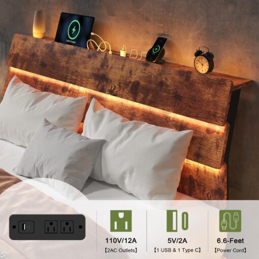 Feonase Floating Bed Frame Full with Led Lights and Charging Station, Wood Full Size Bed Frame with Storage Headboard, Heavy Duty Metal Slats, No Box Spring Needed, Easy Assembly, Vintage Brown - Image 6