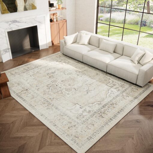 Washable Area Rugs for Living Room: 6'x9' Bedroom Area Rug Boho Stain Resistant Distressed Vintage Accent Rug Non Slip Low Pile Faux Wool Soft Rug for Kitchen Entryway Bedside Nursery Dining Room - Image 2
