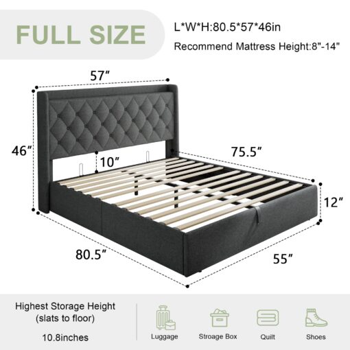 Feonase Full Size Lift Up Storage Bed Frame with Charging Station, Button Tufted Headboard Platform Bed Frame with Hydraulic Storage, Wooden Slat Support, No Box Spring Needed, Noise-Free, Dark Gray - Image 7
