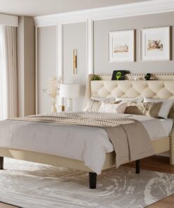 Feonase Full Size Bed Frame with Luxury Wingback and Fast Charging Station,Full Upholstered Button Tufted Storage Headboard Platform Bed, Sturdy Wooden Slats Support, Noise-Free, Easy Assembly, Beige