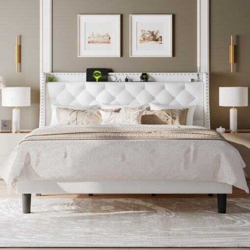 Feonase King Size Bed Frame with Velvet Luxury Wingback Upholstered Button Tufted Storage Headboard, King Platform Bed with Charging Station, Sturdy Wooden Slats Support, Easy Assembly, White - Image 6