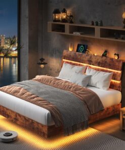 Feonase Floating Bed Frame Full with Led Lights and Charging Station, Wood Full Size Bed Frame with Storage Headboard, Heavy Duty Metal Slats, No Box Spring Needed, Easy Assembly, Vintage Brown